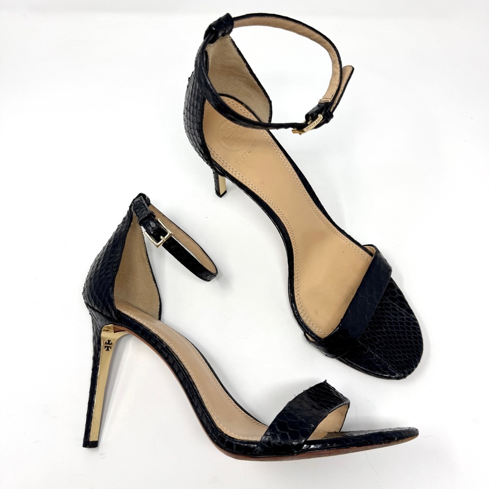 Tory Burch Keri Black Snakeskin Ankle Strap Stiletto Heels Sandals